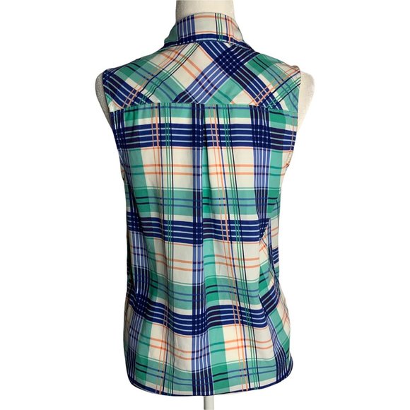 Forever 21 Sleeveless Button Up Shirt S White Blue Plaid Collar - Picture 4 of 6